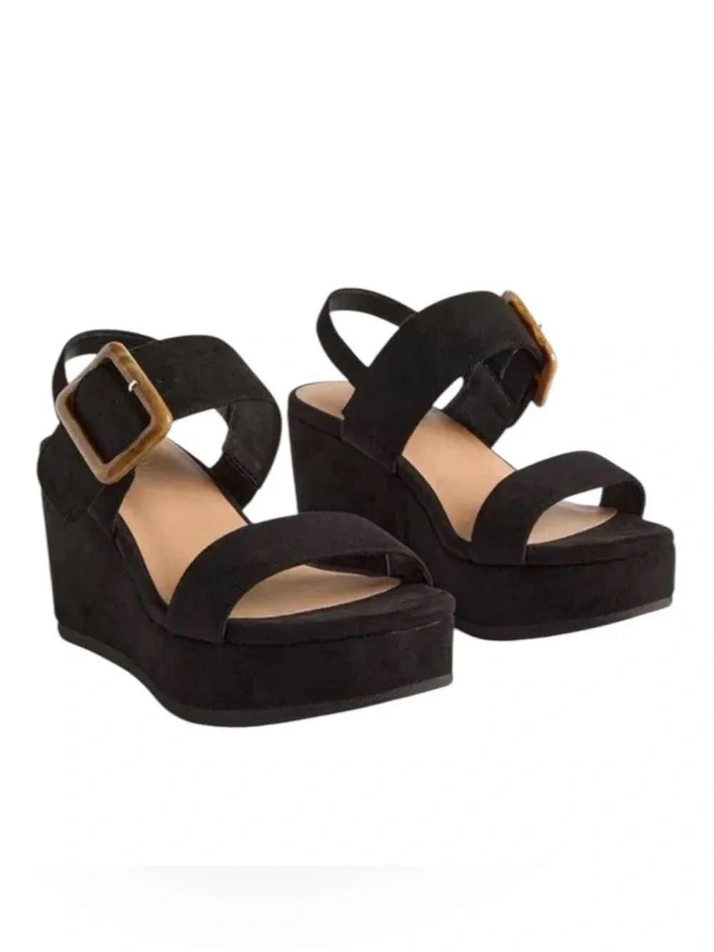 torrid WIDE WIDTH Black Suede Platform Wedge Sandals with Accent Buckles